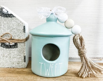 Rae Dunn inspired birdhouse , tweet birdhouse , ceramic birdhouse , tiered tray, tiered tray decor