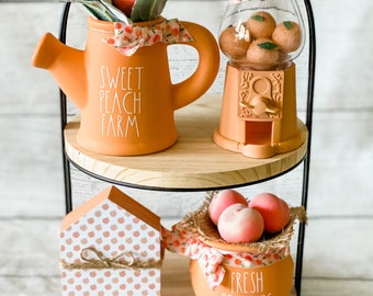 Mini Ceramic Decor, Tiered Tray decor, ceramic watering can, Peach Decor, Peach tiered tray, Farmhouse Decor, Sweet Peach Farm