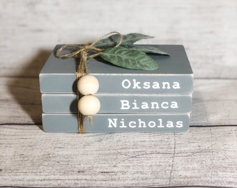 Personalized Books, Wood Farmhouse Books, Custom Book Decor, Mini Book Stack, Bead Books, Tiered Tray Decor