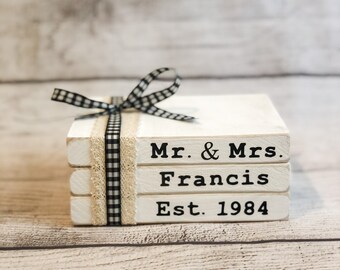 Wooden Books, Mr. and Mrs, Family Name, Personalized, Established Books, Farmhouse Home Decor, Mini Books, Tiered Tray Decor, Anniversary