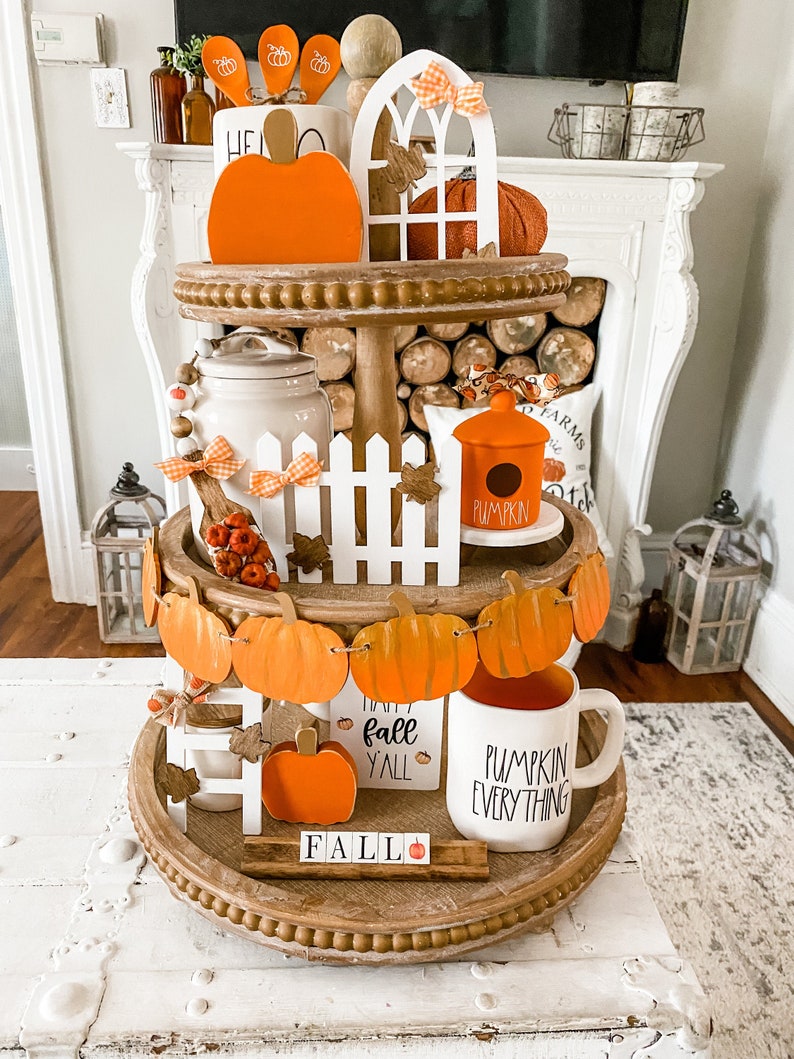 Fall Tiered Tray Decor Bundle, Farmhouse Fall, Fall Mini Ladder, Mini Tiered Tray Arch, Mini Farmhouse Fence, Pumpkin Tiered Tray Banner image 1