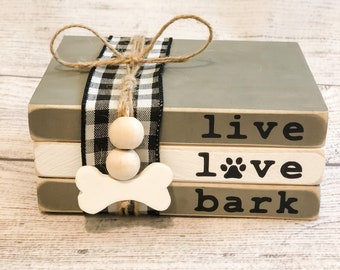 Dog Book Stack, Wooden Book Bundle, Live Love Bark, Dog Decor, Dog Mini Books, Farmhouse Books, Tiered Tray Decor