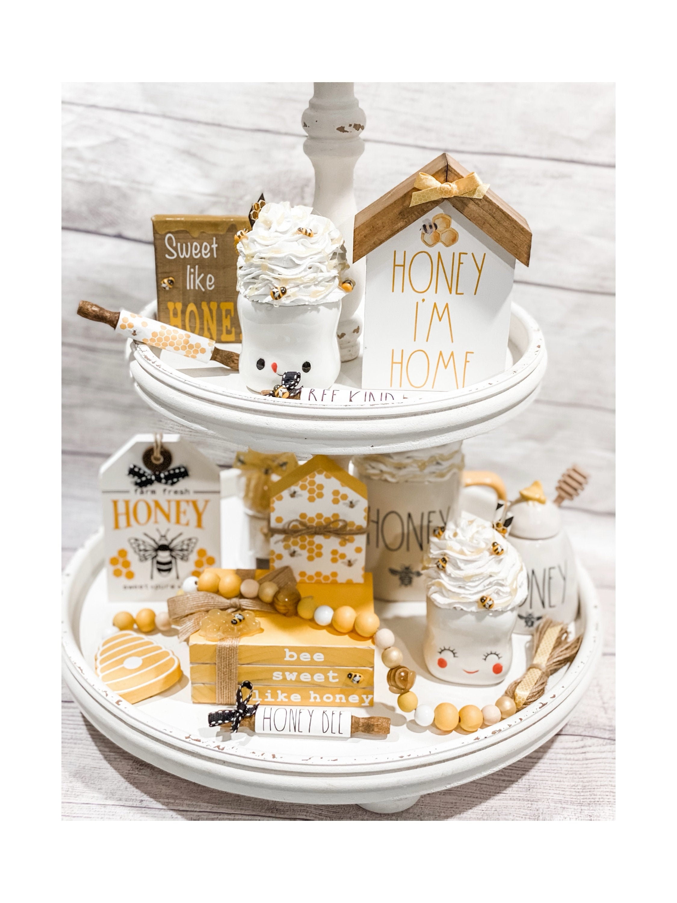 Bee Tiered Tray Decor with Wooden Fake Honey Hive Dippers Bumble Bee Gifts  for Women Decorations for Spring Summer Farmhouse Home Kitchen Shelf Rustic
