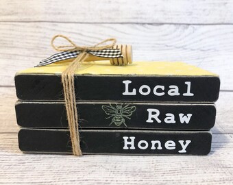 Bee Book Stack, Wooden Book Bundle, Local Raw Honey, Bee Decor, Bee Mini Books Farmhouse Books, Tiered Tray Decor