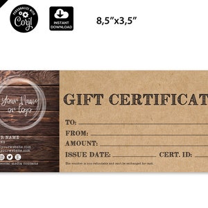 Plantilla de certificado de regalo, agregue su logotipo, tarjeta de regalo imprimible, vale de regalo editable de bricolaje, descarga instantánea, papel artesanal, granja vintage 011