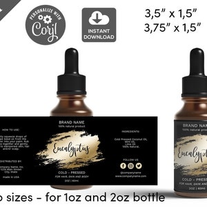 Editable Dropper Bottle Label Template, Editable product label, Gold Luxury Label Design, DIY Label, Custom Product Label 1oz and 2oz, 001