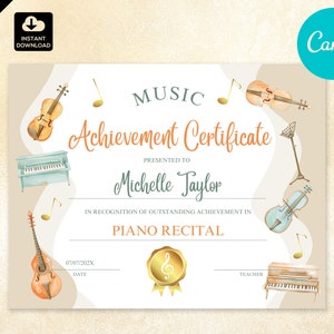 Certificate of Achievement for Music Recital,  Printable Music Festival Certificate for Piano Violin or Any Instrument Teachers, 015