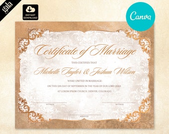 Elegant Printable DIY Wedding Certificate Template, Editable Certificate of Marriage 002n