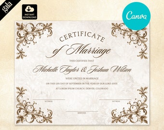 Wedding Certificate Template, Elegant Printable DIY Editable Certificate of Marriage 004