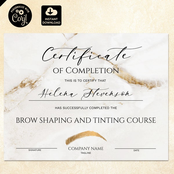 Certificate of Completion, Brows Certificate Template,  Brow tinting Printable Certificate, brow shaping course, Instant Download makeup 205