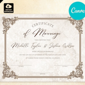 Wedding Certificate Template, Elegant Printable DIY Editable Church Certificate of Marriage 005
