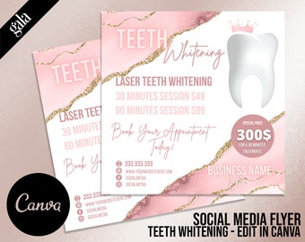 May include: Pink and white social media flyer for teeth whitening services. The flyer features the text "TEETH Whitening" and "LASER TEETH WHITENING". A graphic of a tooth with a crown is also included. The flyer is designed to be edited in Canva.