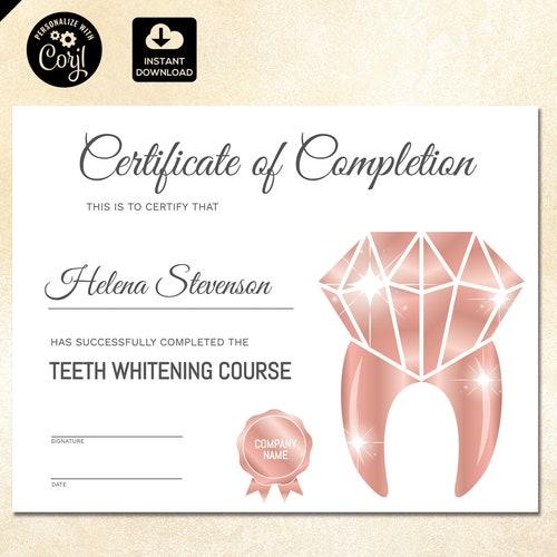 Teeth Whitening Training Certificate Template Dentist Course Etsy