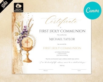 First Holy Communion Certificate Template | Editable Canva Church Certificate | Christian Sacrament Keepsake  CAN 068