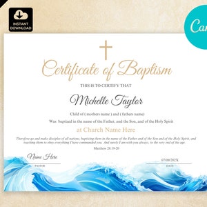 Plantilla de certificado de bautismo en agua moderno, CAN 040