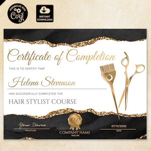 Abschlusszertifikat, Haarverlängerung Zertifikat Vorlage, Achat gold druckbare Zertifikat Haarstylist Sofort Download Schere 091