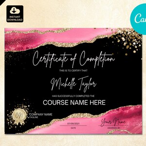 pink & gold lashes beauty certificate template with glamorous border, editable Canva design for lash artists and beauty professionals