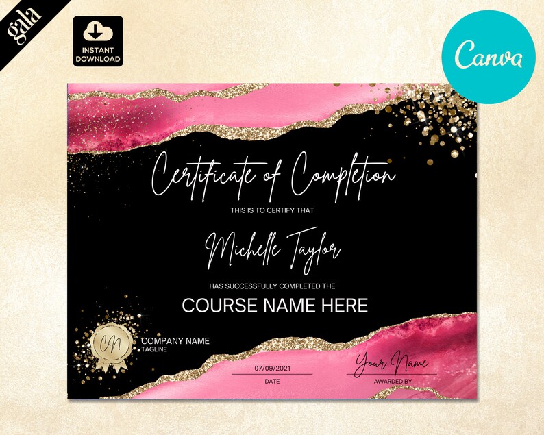 pink & gold lashes beauty certificate template with glamorous border, editable Canva design for lash artists and beauty professionals