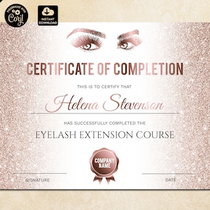 Certificate of Completion, Lashes Certificate Template,  Rose Gold Printable Certificate, Lash Extension Instant Download, certificate 008
