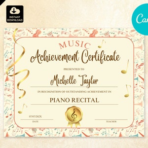 Certificate of Achievement for Music Recital,  Printable Music Festival Certificate for Piano Violin or Any Instrument Teachers, 009