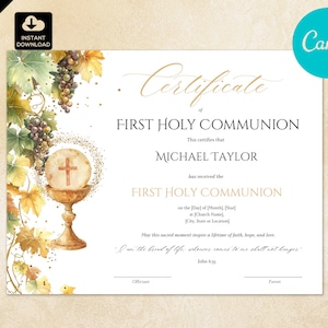 Plantilla de certificado de primera comunión (CANVA) y certificado de iglesia (CAN 069)