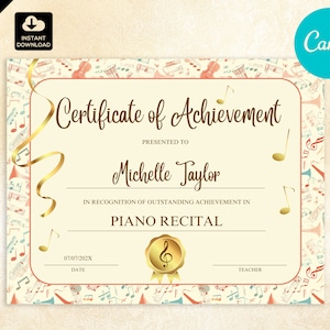 Certificate of Achievement for Music Recital,  Printable Music Festival Certificate for Piano Violin or Any Instrument Teachers, 008