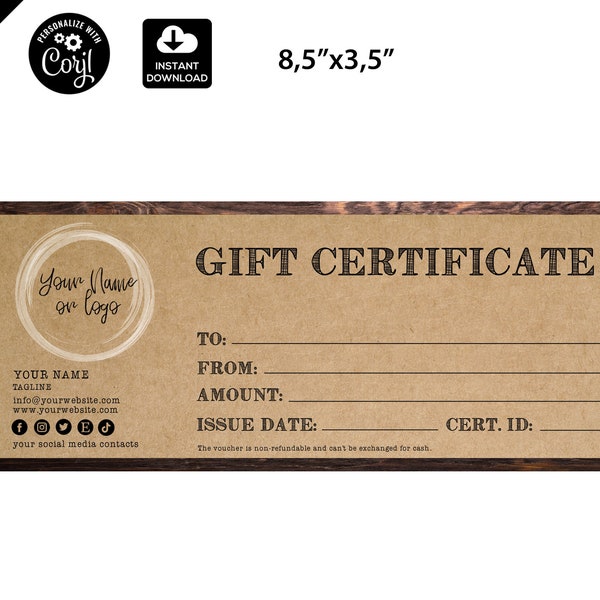 Gift Certificate Template,  Add Your Logo Printable Gift Card, DIY Editable Gift Voucher, Farm Style craft paper , vintage farm wood  023