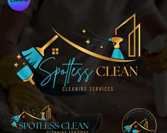May include: A gold and blue logo for a cleaning service called "Spotless Clean". The logo features a house, a broom, a spray bottle, and stars. The text "Spotless Clean Cleaning Services" is written in a cursive font.