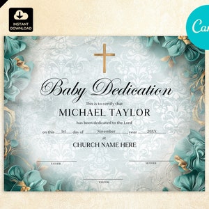 Plantilla elegante de certificado de dedicación de bebé - Diseño personalizable de Canva DIY CAN 053