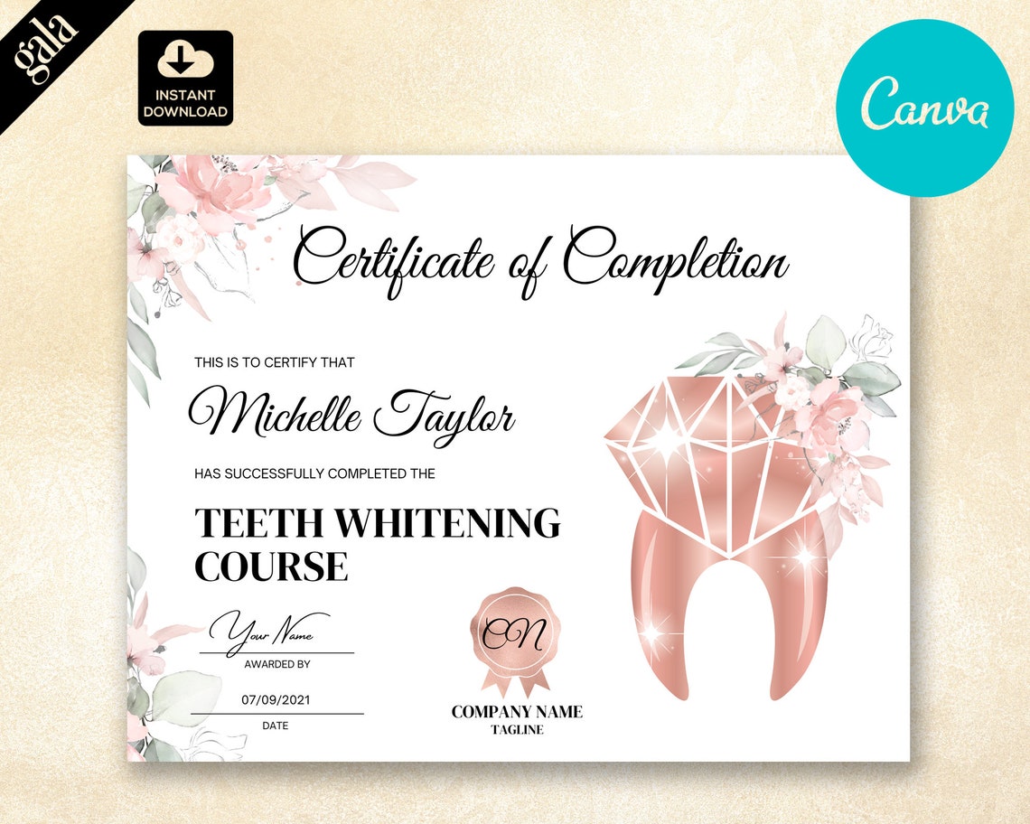 Teeth Whitening Certificate of Completion Dentist Etsy