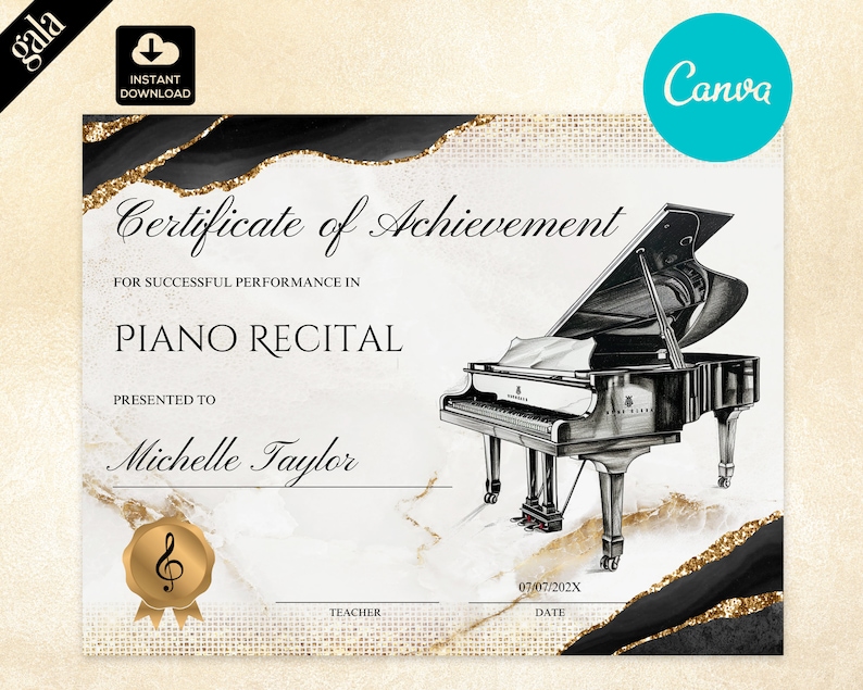 Editable Piano Piano Recital Certificate of Achievement Template 8.5x11 ...