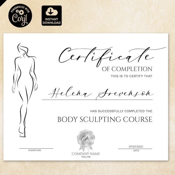 Body Sculpting Certificate of Completion, fitness certificate, Yoga Template,  black and white Printable Instant Download, 100