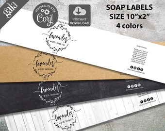 May include: Four soap label designs in white, kraft, black, and woodgrain patterns. Each label features a circular design with the text "lavender with lemon" and "100 g". The labels are 10" x 2" and include space for ingredients.