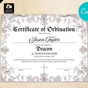 Certificado editable de diácono de la iglesia, ministro de ordenación, pastor de la iglesia 006