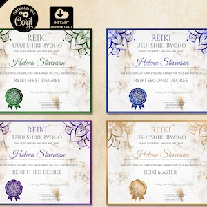 May include: Four printable certificates featuring gold, green, blue, and purple mandala designs. Each certificate reads "Reiki Usui Shiki Ryoho" and is for a different level of Reiki certification: First Degree, Second Degree, Third Degree, and Master.