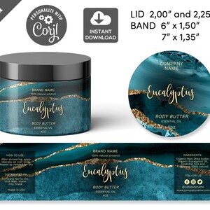 Wrap Around Label Template, Candle Jar Label, Body Product template, Lotions, Body Butter Label, Circle Lid Jar, Agate Teal and gold, 012 image 7
