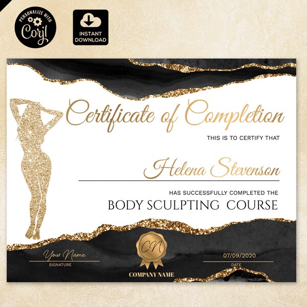 Body Sculpting Certificate of Completion, fitness certificate, Yoga Template,  Body Contouring Instant Download, Gold Black agate 105