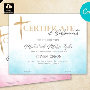 Certificado de Padrinos de Bautismo editable para Madrina y Padrino CAN 001