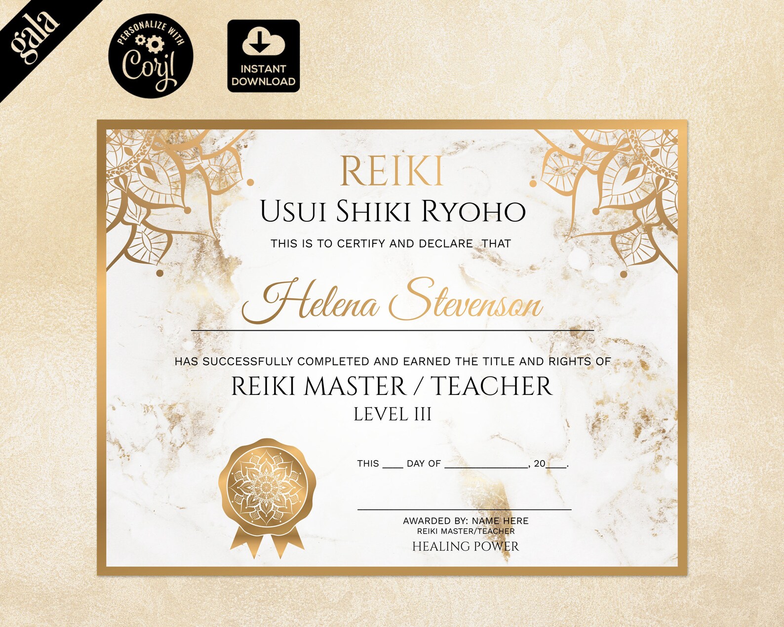 Reiki Certificate Template Reiki Certificate Printable Yoga Etsy