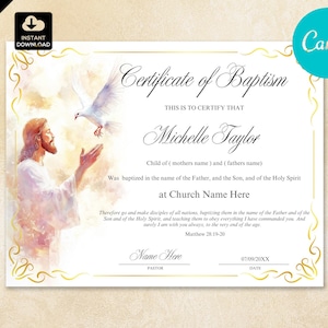Water Baptism Certificate Template | Christian Church Keepsake | Canva Editable Digital Download | Jesus Christ Baptism can075