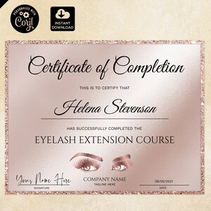 Certificate of Completion, Lashes Certificate Template,  Rose Gold Printable Certificate, Lash Extension Instant Download, certificate 127