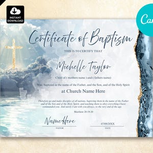 Water Baptism Certificate Template | Christian Church Printable | Religious Keepsake | Canva Editable Digital Download can074