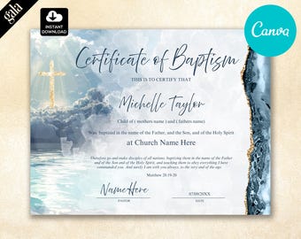 May include: A baptism certificate template with a watercolor sky and a golden cross. The text reads "Certificate of Baptism" and includes space for the child's name, parents' names, and church information. The Canva logo is visible.