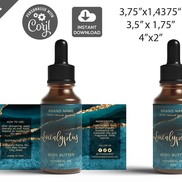 Editable Gold Dropper Bottle Label Template, Printable  Essential Oil Label Template, Cosmetic Beauty Label Design teal and Gold Agate 009