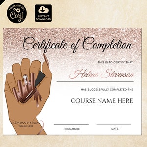 Nail Technician Certificate Template: Rose Gold Glitter (Digital Download)