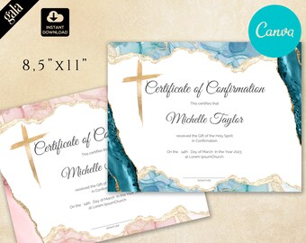 May include: A printable certificate of confirmation with a gold cross and blue and pink watercolor background. The text reads "Certificate of Confirmation" and "This certifies that Michelle Taylor received the Gift of the Holy Spirit in Confirmation on the 14th Day of March in the Year 2023 at Lorem Ipsum Church."