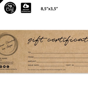 Printable Gift Card Template, Gift Certificate Template, Add Your Logo ...