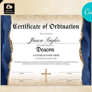 Certificado de nombramiento de diácono de la iglesia editable, Certificado de reconocimiento de la iglesia imprimible, Liderazgo de la iglesia 005