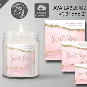 DIY Candle labels 2x2'', 3x3'', 4x4'' , Editable Label Template , DIY Product label ,Printable label , square, Agate Blush Pink 006