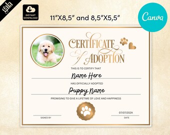 Certyfikat adopcji psa lub szczeniaka ze zdjęciem lub odciskiem łapy, edytowalny szablon Canva do druku 002